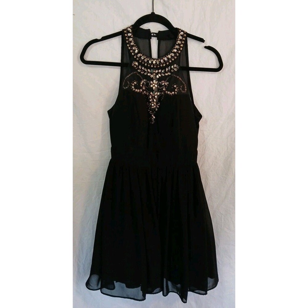 B. Darlin Junior/Womens Black And Gold High Neck Beaded Skater Dress Size 1/2